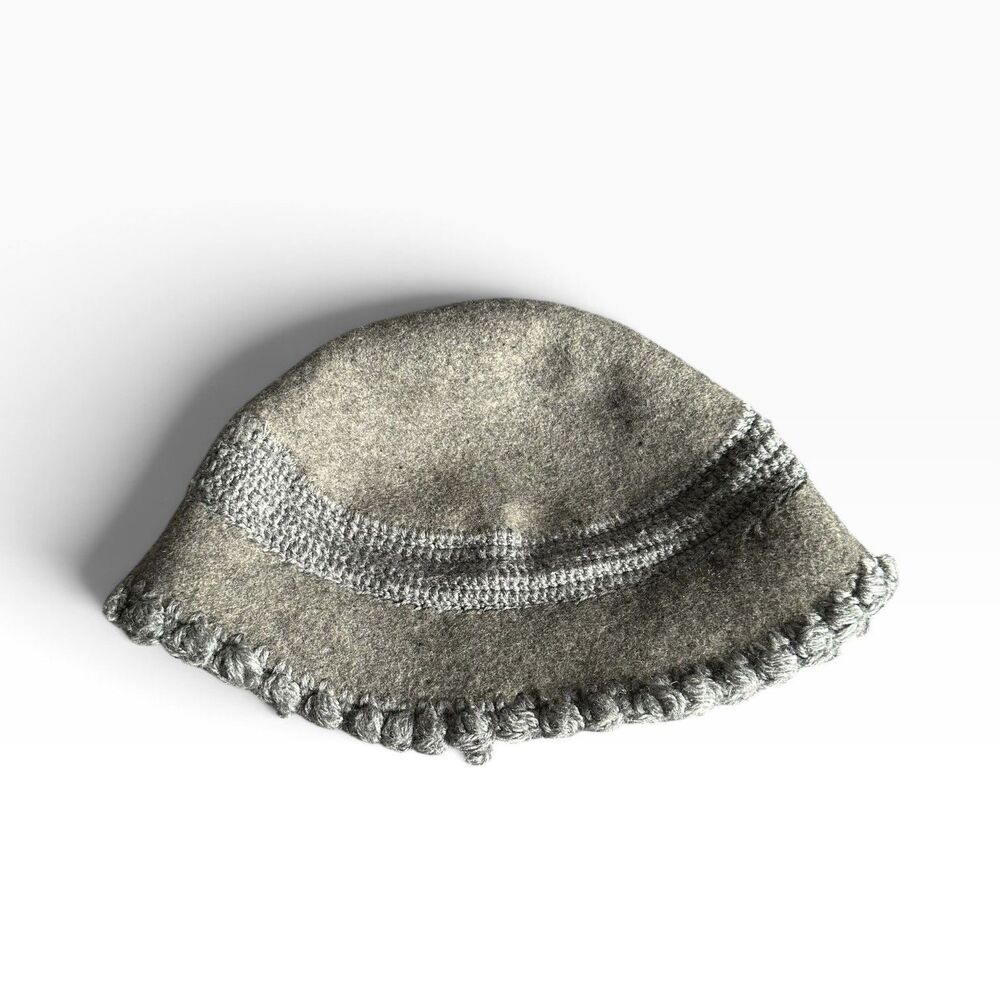 Nine West Cloche Bucket Hat Washed Gray Blue Wool Crochet Trim Bow Cap